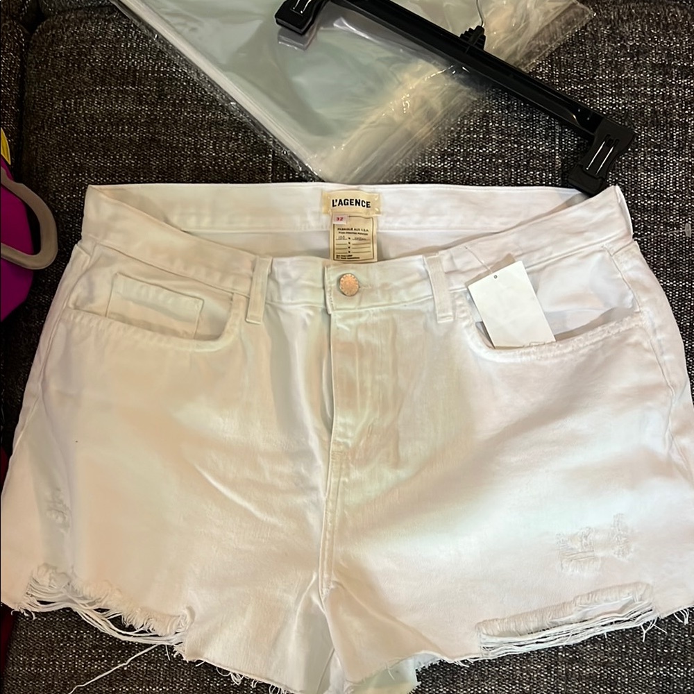 L'AGENCE White Distressed Denim Cutoff Shorts size 32